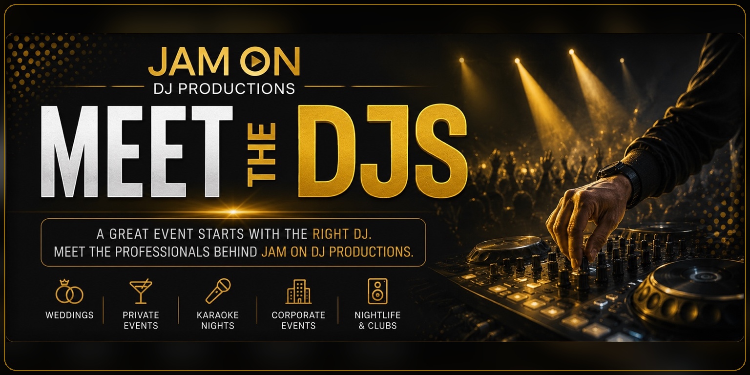 Meet the DJs — JAM ON DJ PRODUCTIONS. A great event starts with the right DJ. Meet the professionals behind JAM ON DJ PRODUCTIONS: weddings, private events, karaoke nights, corporate events, nightlife and clubs.